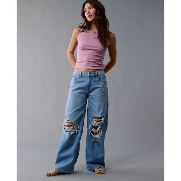American Eagle Denim - American Eagle Stretch Low-Rise Baggy Wide Leg Jean Light Wash Size 14 Regular